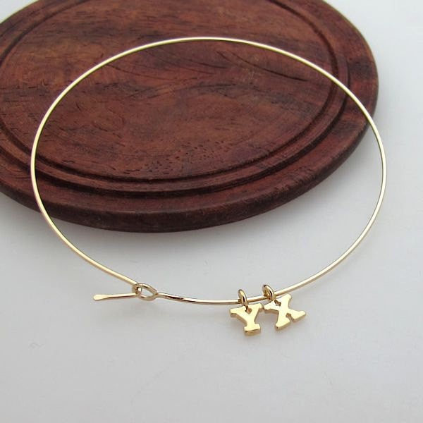 Thin Bangle Bracelet with Custom Initials Charms in Gold or Silver