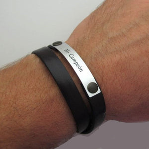 Double leather bracelet with engraving - Custom mens bracelet for husband