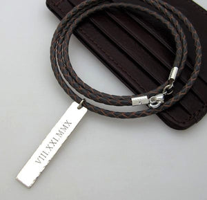leather necklace for men with engraved pendant