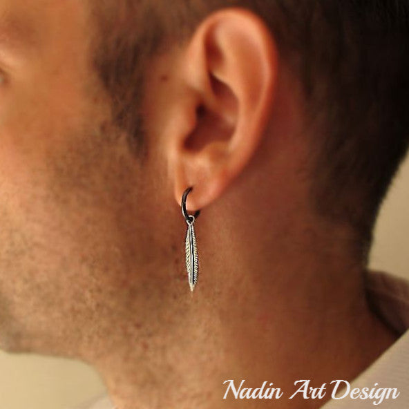 drop feather mens earring