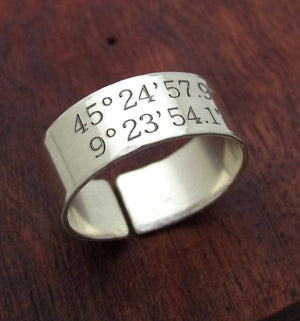 coordinates engraved silver ring wide