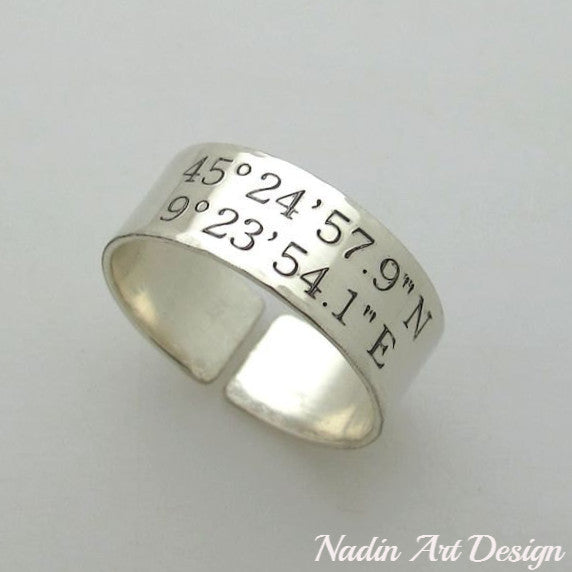 Sterling Silver latitude Ring - Coordinates engraved band