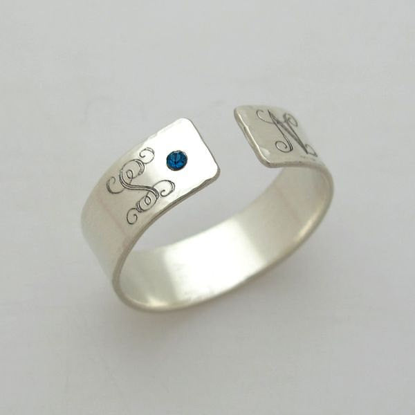 Birthstone Ring - Custom Sterling Silver Monogram Ring