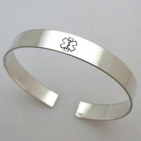 Medical id sterling silver cuff bracelet