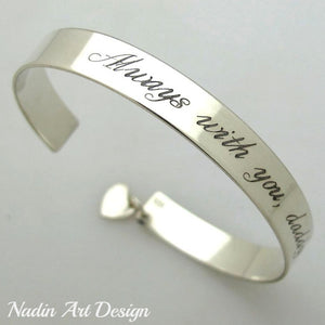 Heart charm engraved silver bracelet