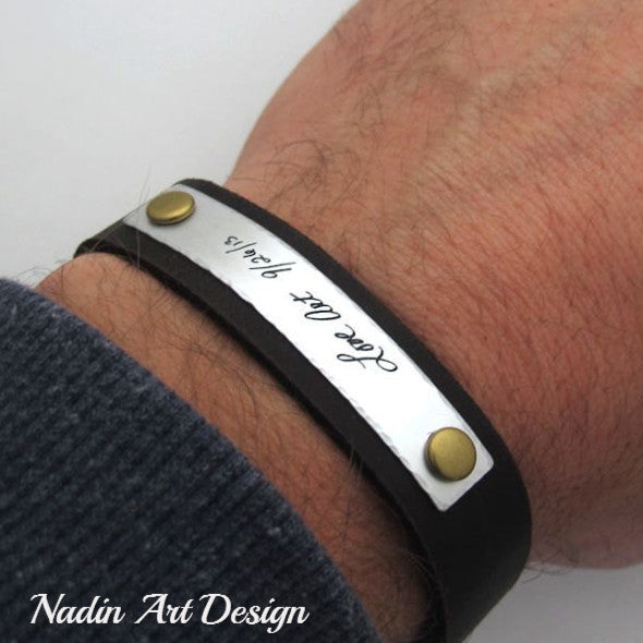 Personalized Signature Bracelet for Men Anniversary Mens Handwriting Dark Brown Silver