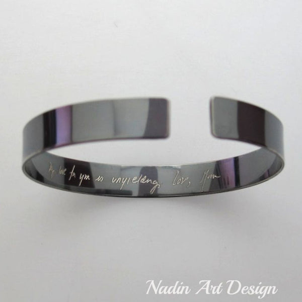 Handwriting Bracelet for men, Black Custom Text Signature Cuff  - Personalized Mens Gift