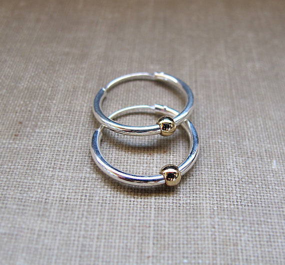 2 Sizes earrings, 2 pieces 10mm, 12mm Silver earrings with Gold Bead