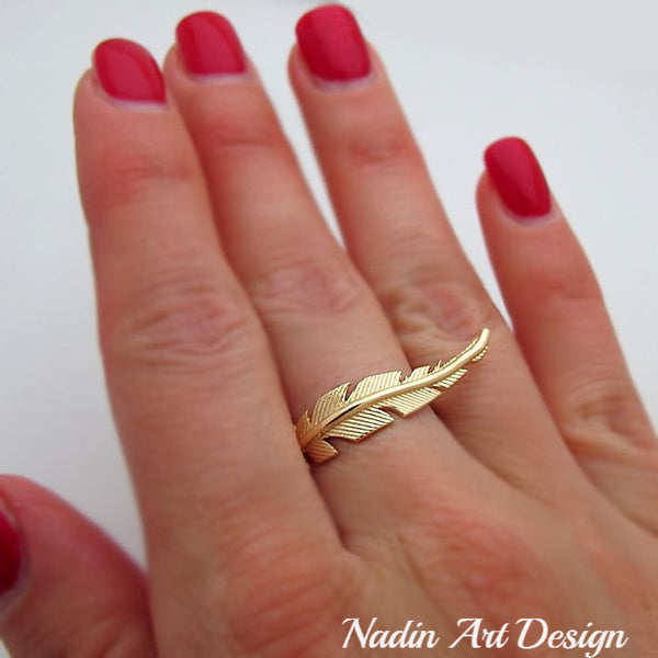 14K Gold Filled Gold Feather Ring, Unique Ring, Boho chic ring
