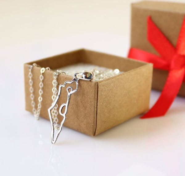 Long Israel Map Silver Necklace - Jewish Gift for her