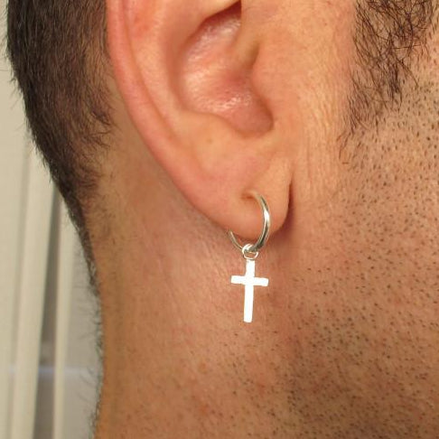 Sterling Silver Hoop Cross  Earring for men 