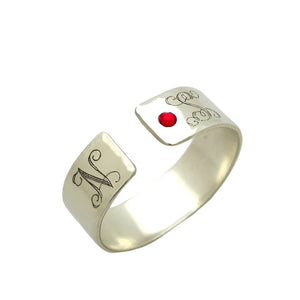 Crystal open silver monogram ring