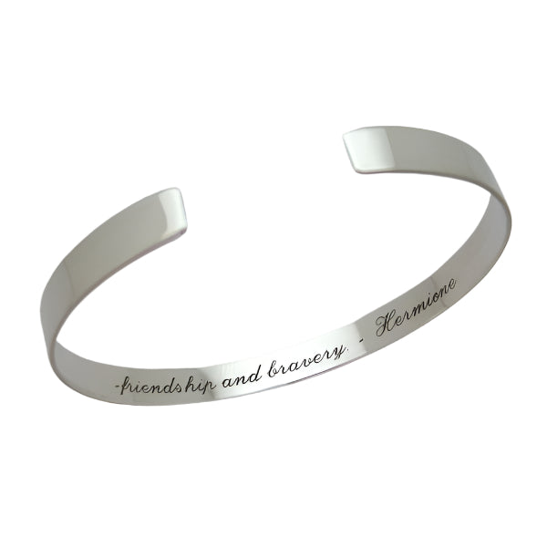 elegant silver cuff bracelet with the custom engraved message