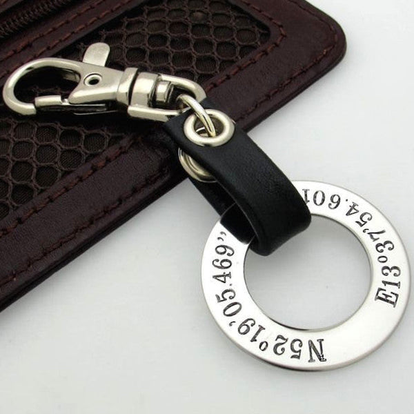Coordinates Engraved round pendant keychain