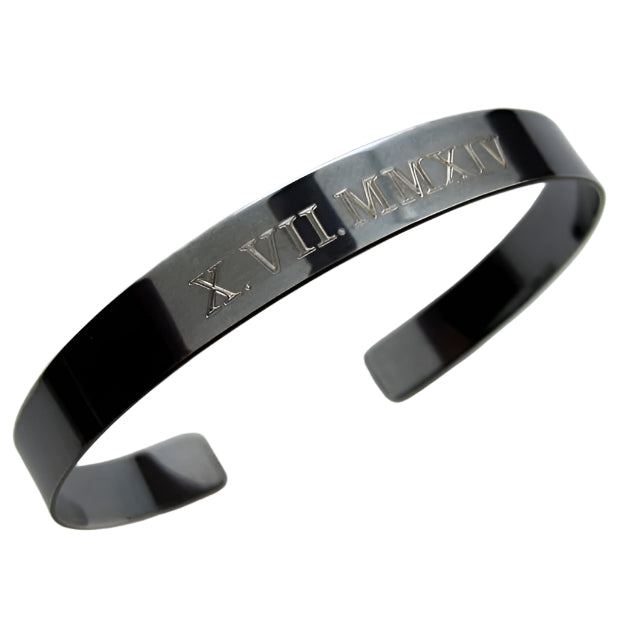 oxidized silver cuff bracelet with roman numeral date engraved