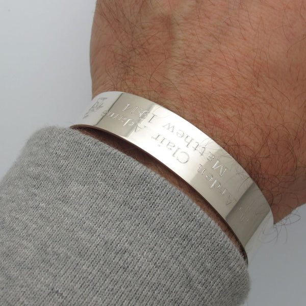 wide silver cuff bracelet for men with engraving